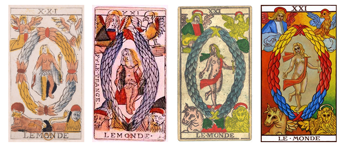 Four versions of the World trump of the Marseilles Tarot